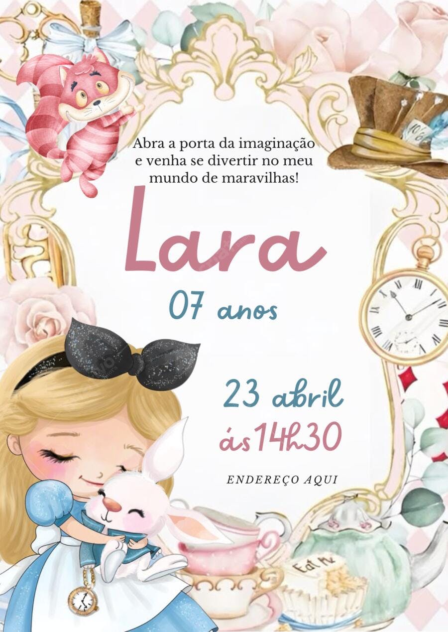 Convite aniversário Alice no País das Maravilhas com Alice e Coelho Editável no Canva