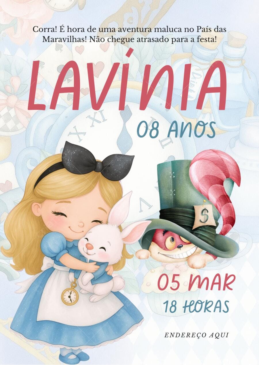 Convite de aniversário Alice no País das Maravilhas e Coelho Branco Editável no Canva