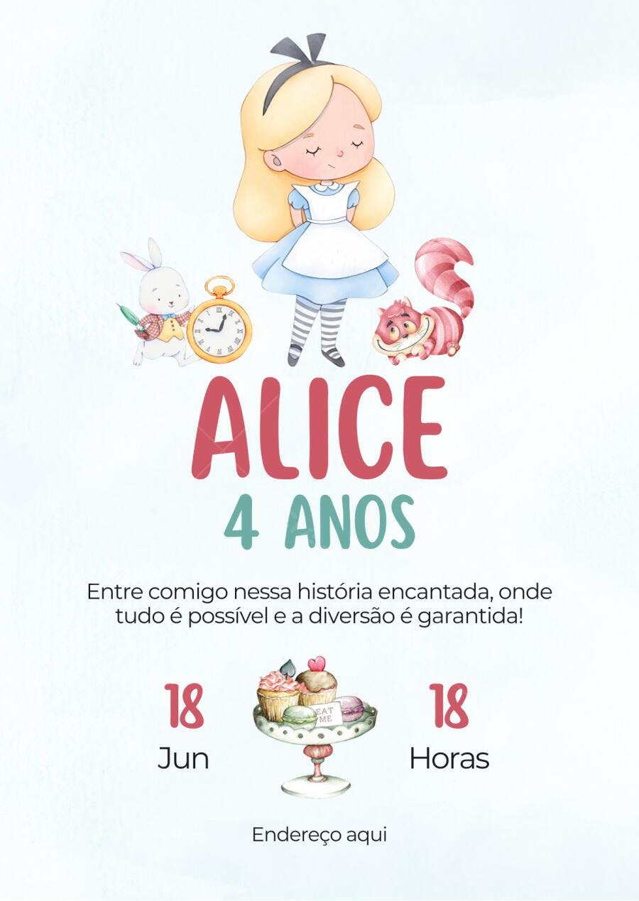 Convite de aniversário infantil Alice no País das Maravilhas Editável no Canva