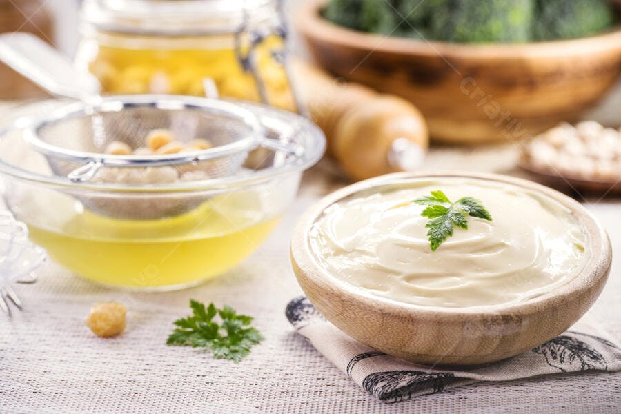 Molho cremoso de aquafaba com salsa fresca em tigela de madeira