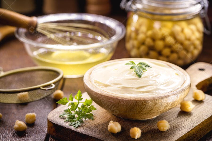 Homus cremoso branco com salsa aquafaba e grão de bico ingredientes veganos