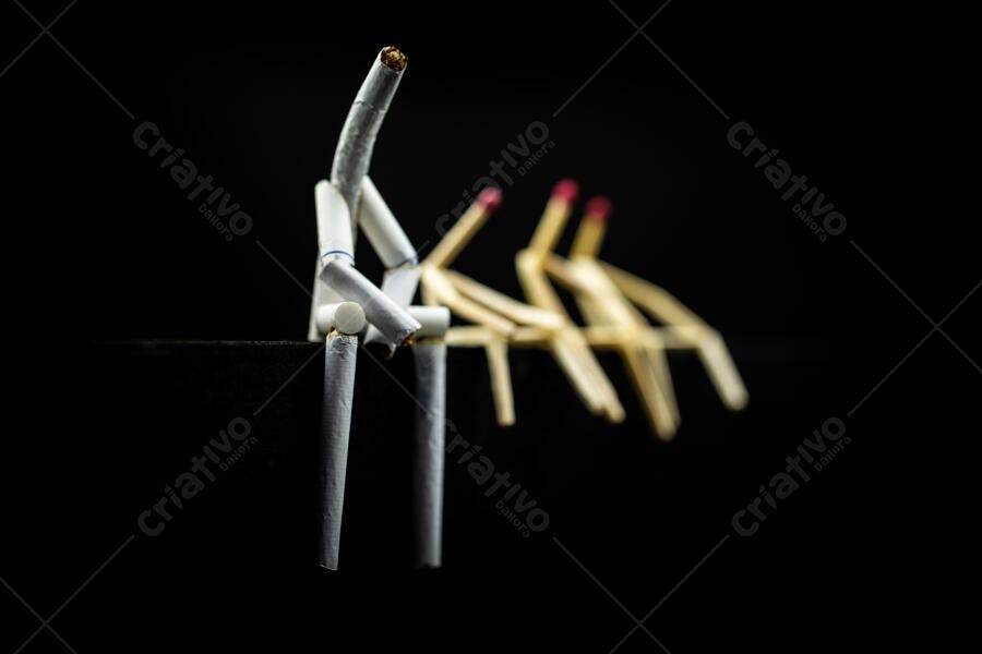 Figura de cigarros branca sentada pensativa com fósforos em fundo escuro