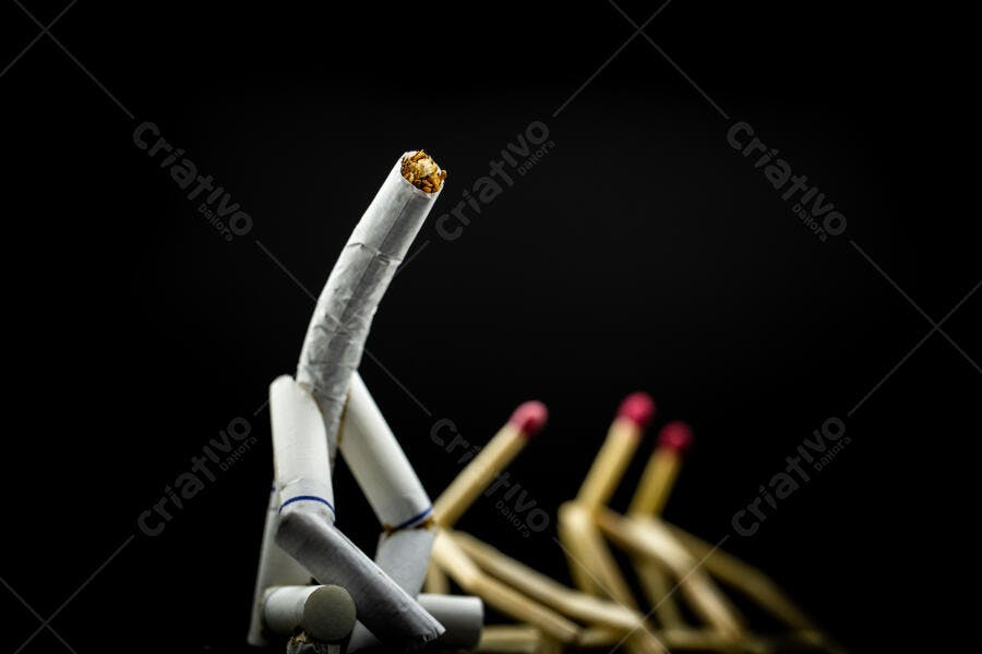 Figura de cigarros sentada com fósforos ao fundo escuro simbolizando vício