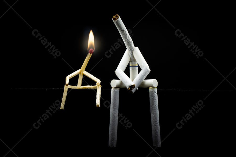 Fósforo aceso e cigarros figuras sentadas em fundo preto minimalista