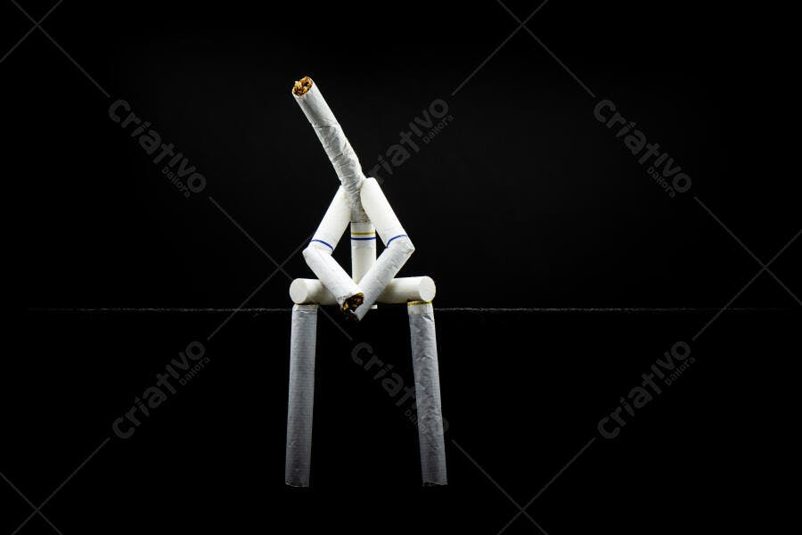 Cigarros brancos formando figura humana pensativa em fundo preto