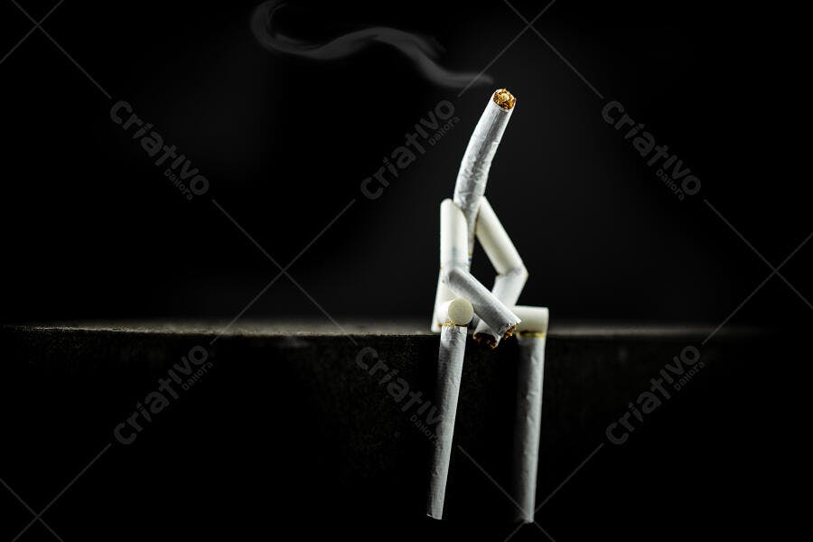 Figura de cigarros branca sentada pensativa com fumaça em fundo escuro