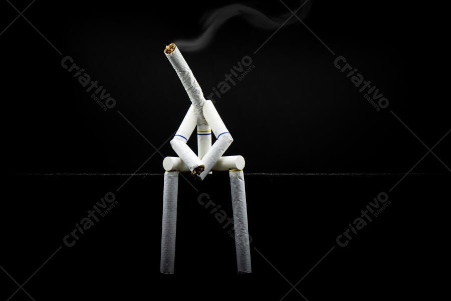 Cigarros formando figura humana pensativa em fundo preto