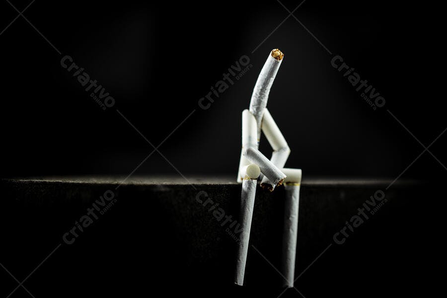 Figura humana de cigarros sentada em superfície escura pensativa