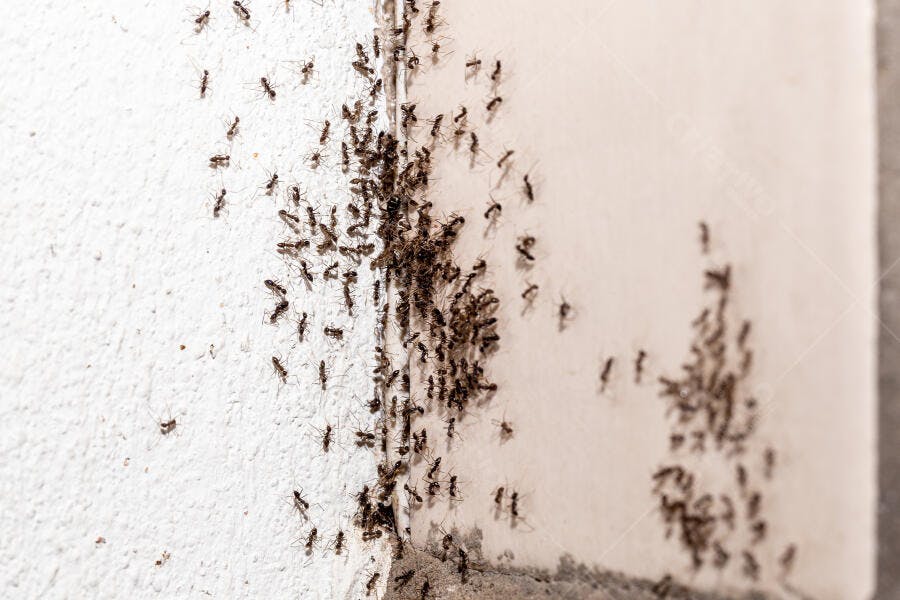 Formigas pretas aglomeradas na parede branca interna infestação de pragas