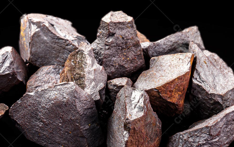 Fragmentos de minério de ferro bruto em tons escuros e avermelhados
