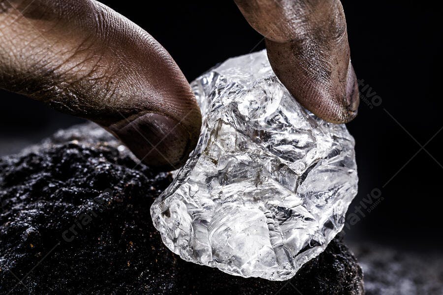 Diamante bruto transparente segurado por mãos sujas de minerador sobre terra escura