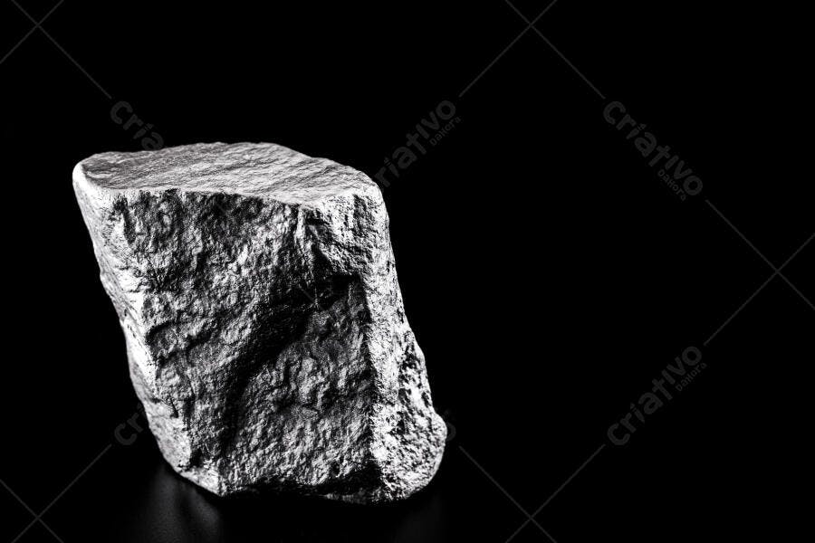 Minério metálico prateado com textura áspera isolado em fundo preto