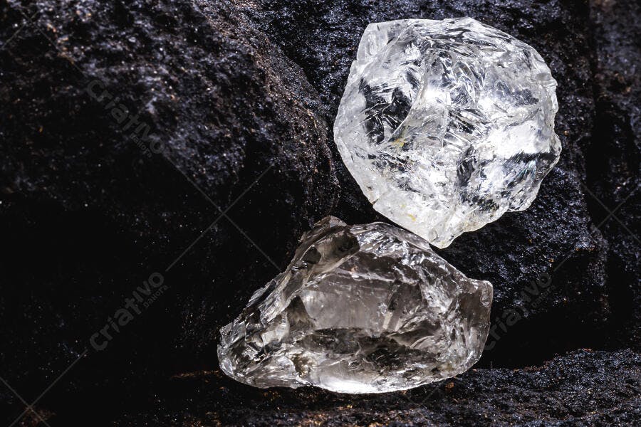 Diamantes brutos em rocha vulcânica escura mineração joias