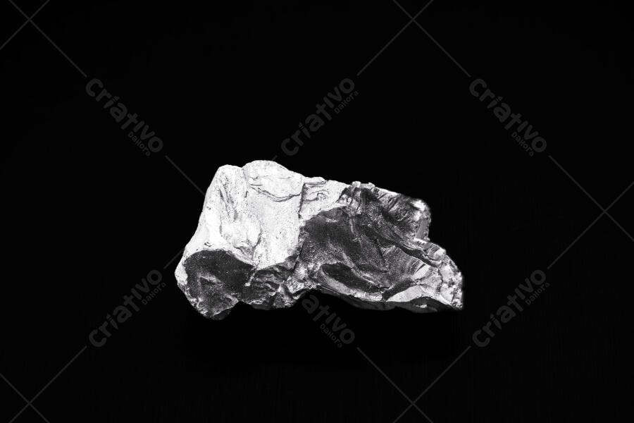 Fragmento de metal prateado bruto com textura sobre fundo preto