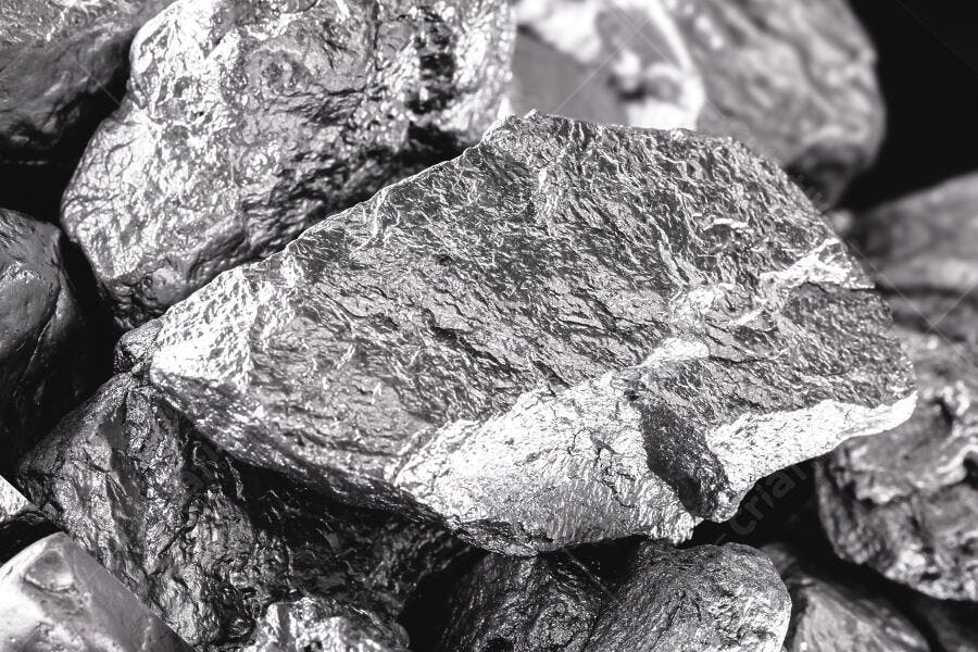 Minério metálico bruto cinza e preto em close up industrial