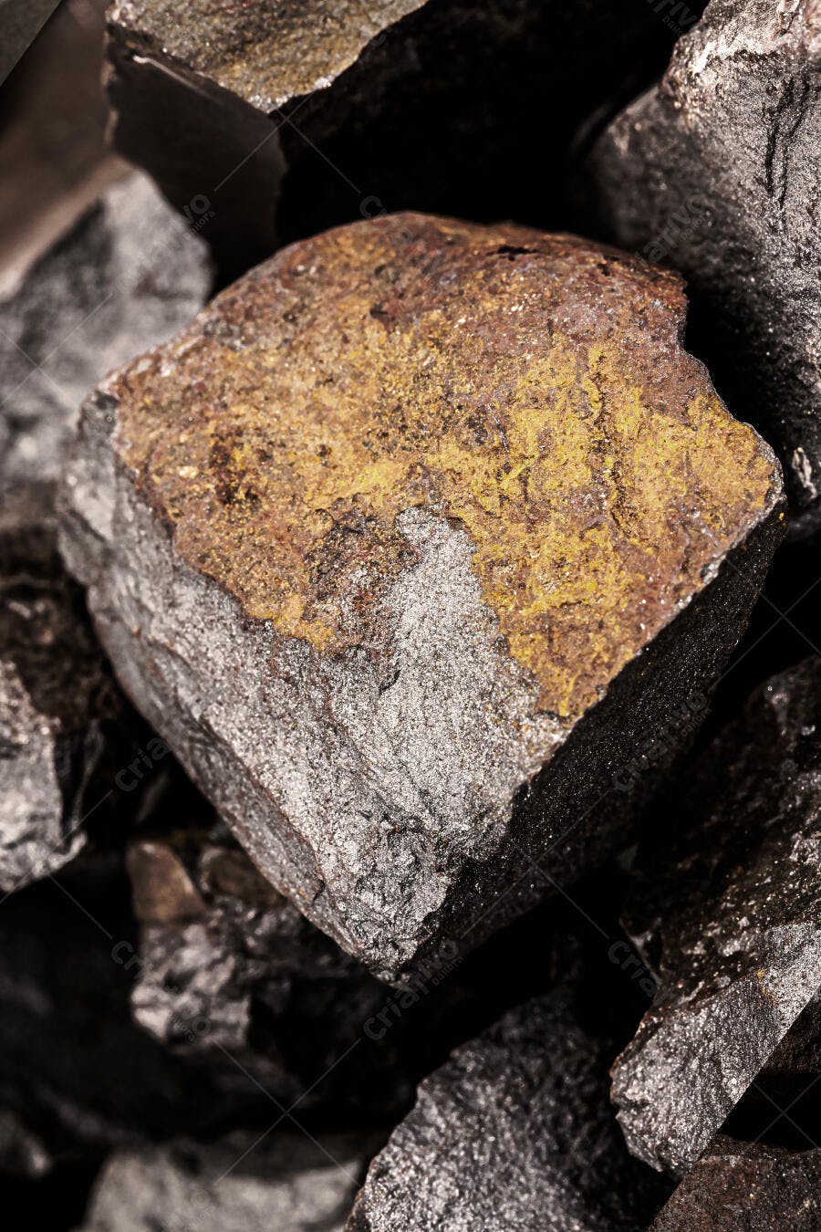 Minério de ferro bruto com textura metálica e cores de ferrugem
