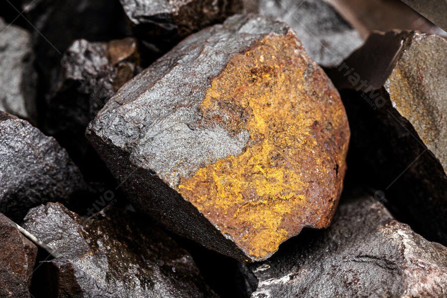 Minério de ferro bruto com tons de cinza e ocre amarelo