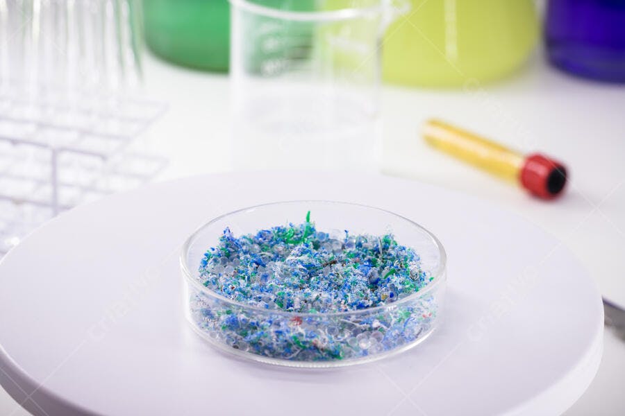 Fragmentos de plástico reciclado azuis e verdes em placa de petri no laboratório