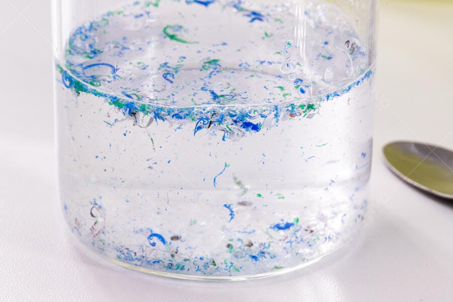 Microplásticos azuis e verdes na água de um béquer experimental estudo poluição