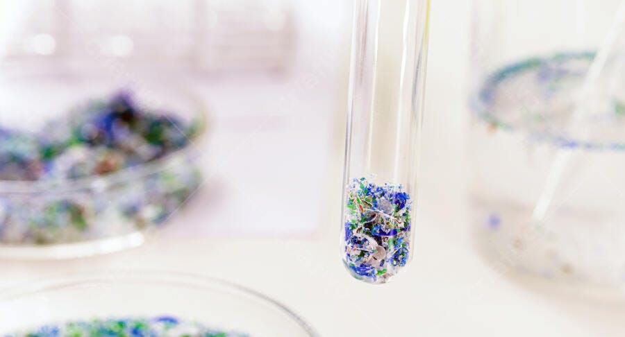 Tubo de ensaio com microplásticos coloridos em laboratório de pesquisa