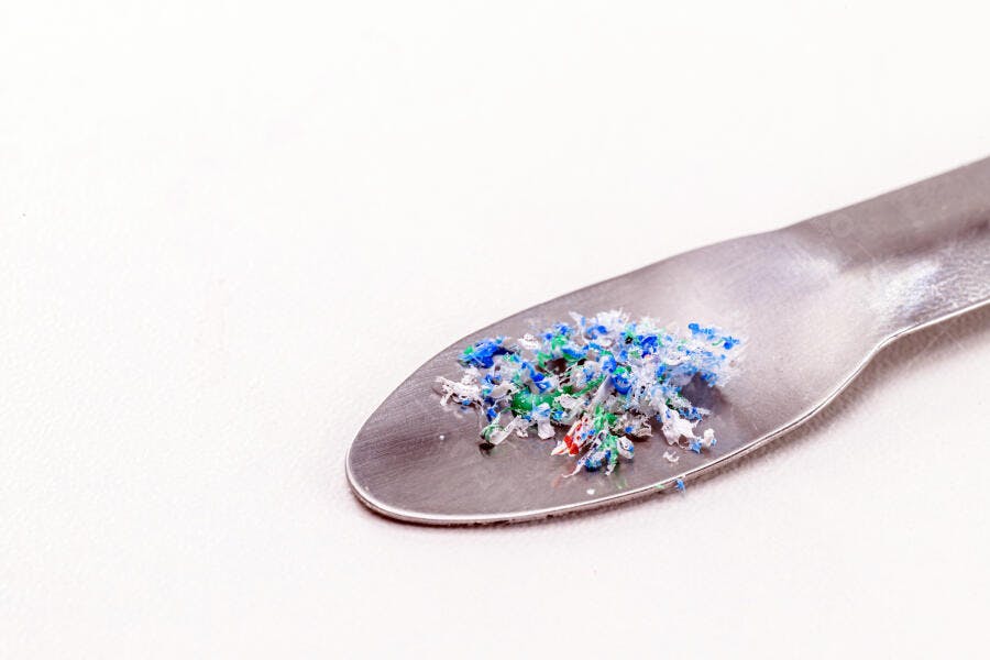 Microplástico colorido em espátula de metal isolado sobre branco