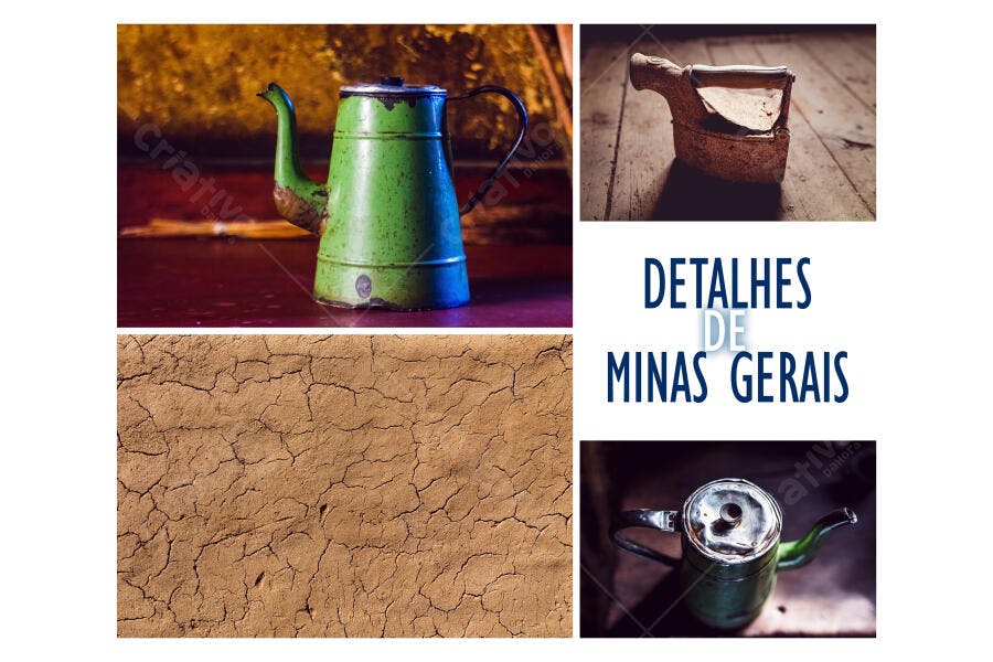 Bule de café antigo ferro e textura de terra seca em detalhes de Minas Gerais