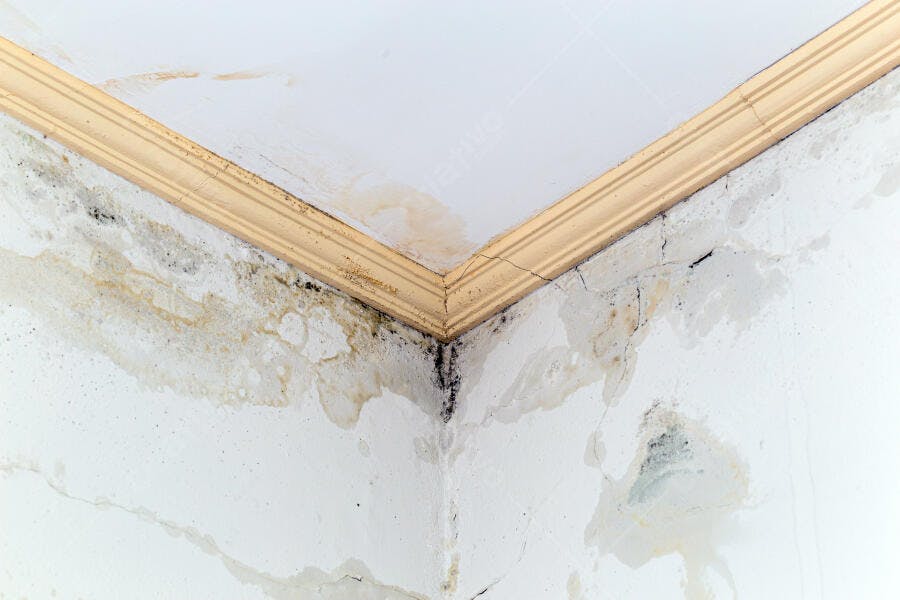 Parede e teto com mofo rachaduras e manchas de umidade no canto de um quarto