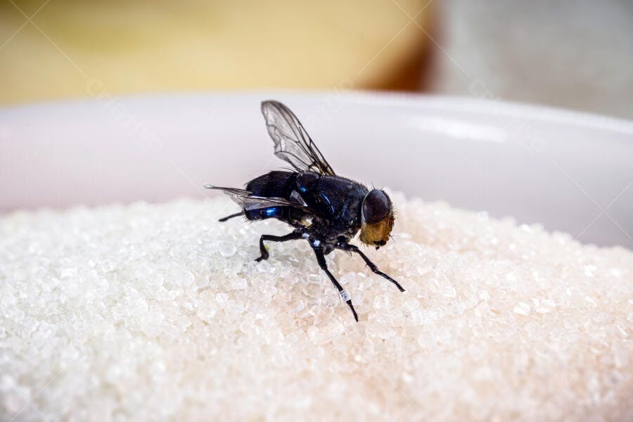 Mosca preta pousada sobre açúcar branco granulado detalhe close-up