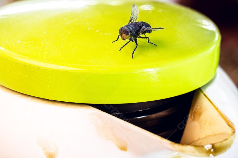 Mosca comum pousada em tampa amarela brilhante de jarra suja