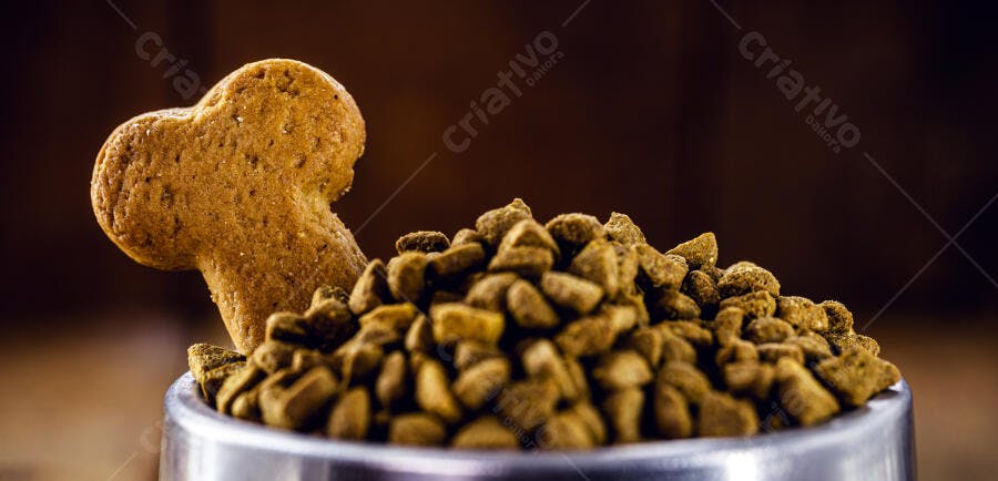 Ração e biscoito de osso para cães em tigela prateada