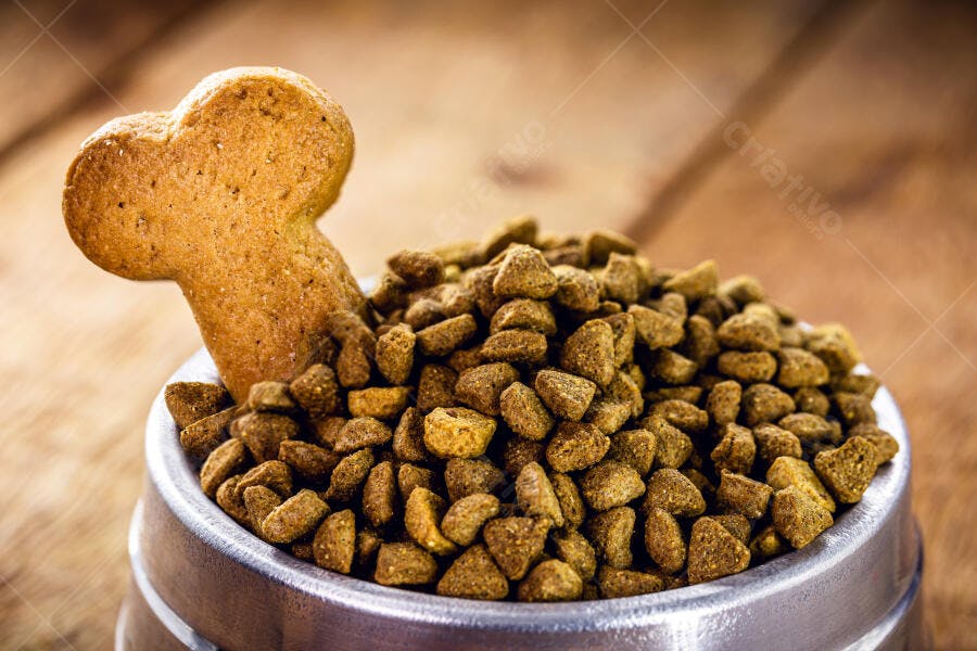 Ração para cachorro em tigela metálica com biscoito de osso em fundo de madeira