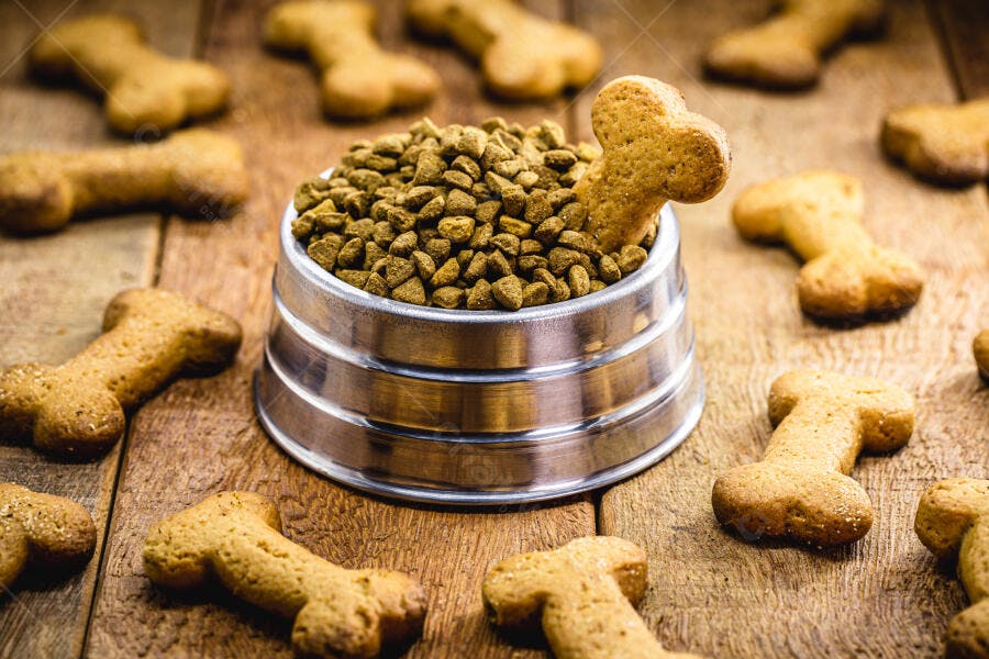Ração para cachorro em tigela prata com biscoitos de osso na mesa de madeira rústica