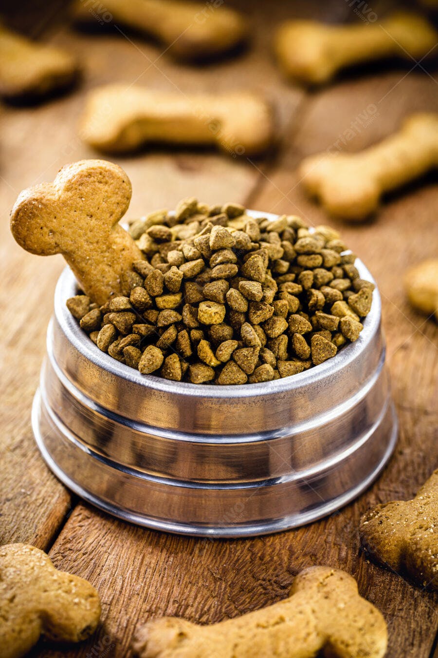 Ração para cachorro e biscoito em tigela metálica sobre mesa de madeira rústica