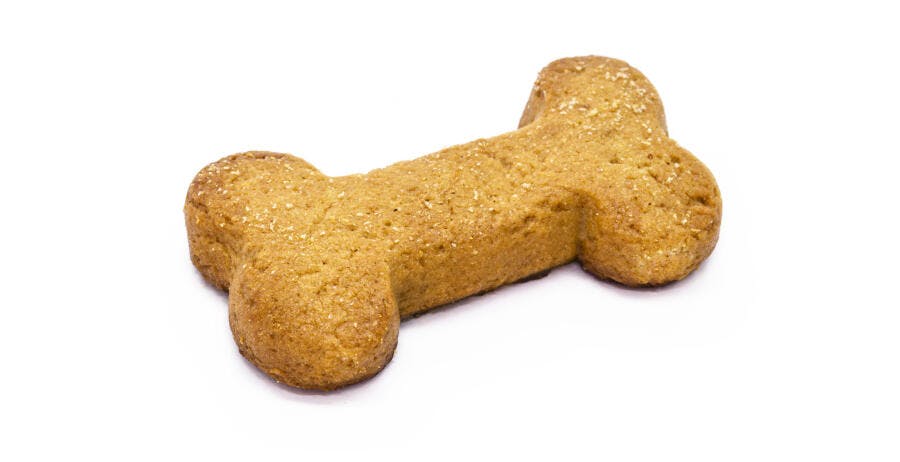Biscoito de cachorro em forma de osso dourado claro em fundo branco