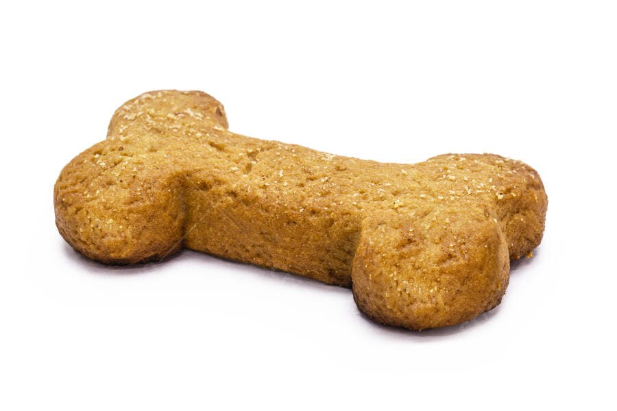 Petisco de cachorro formato osso marrom claro em fundo branco isolado