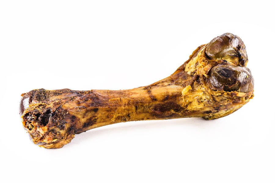 Osso de cachorro grande torrado marrom dourado isolado em fundo branco