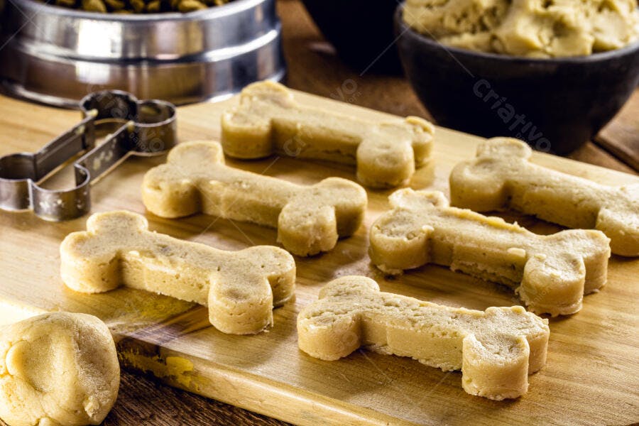 Biscoitos caninos massa crua em forma de osso na tábua de madeira