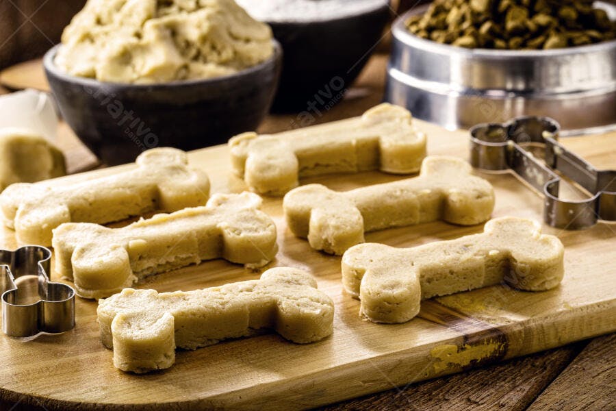 Biscoitos de cachorro caseiros saborosos em formato de osso na tábua de madeira