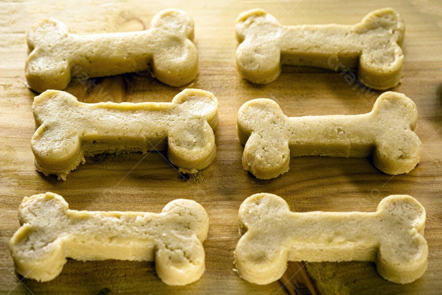 Biscoitos de cachorro em formato de osso caseiros sobre mesa de madeira