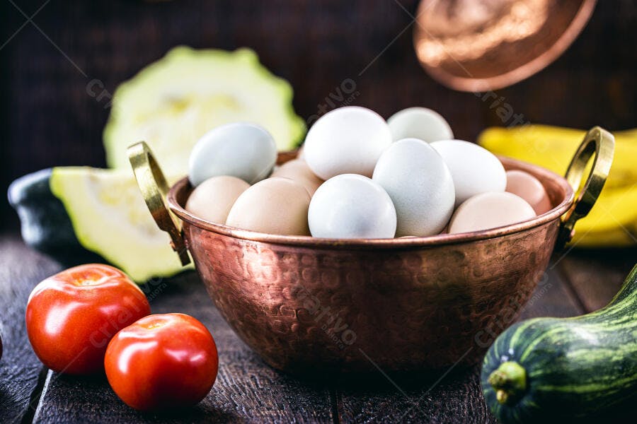 Ovos brancos e marrons em tigela de cobre com vegetais frescos na cozinha rústica