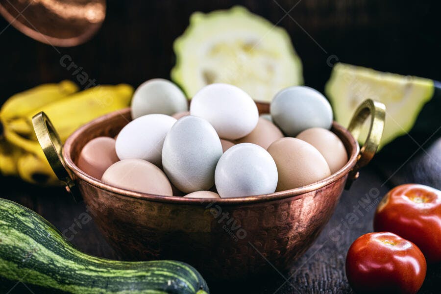 Ovos coloridos em tigela de cobre com vegetais frescos e frutas na mesa