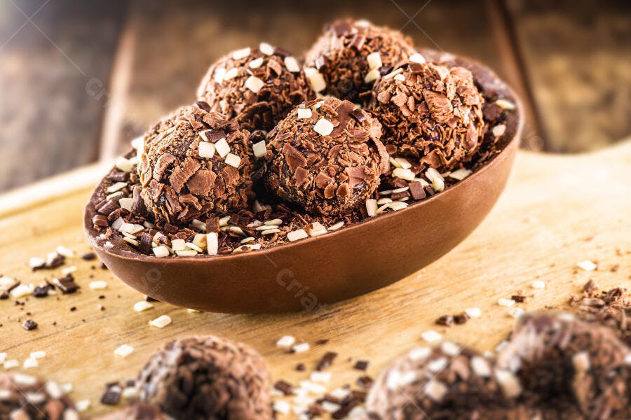 Chocolate meio ovo de Páscoa recheado com brigadeiros e raspas escuras