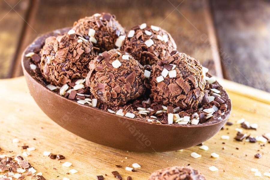 Ovo de Páscoa de chocolate com brigadeiros e confeitos em mesa de madeira