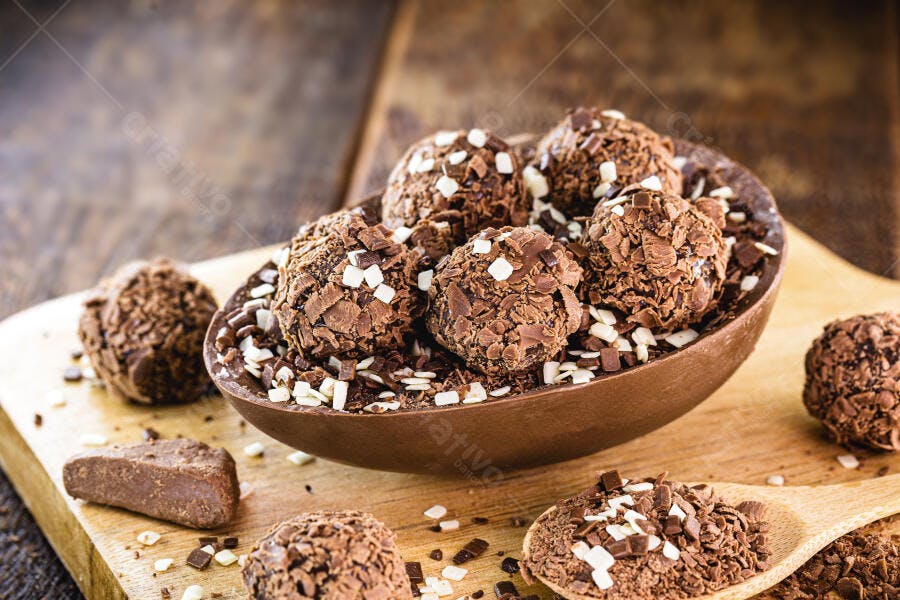 Ovo de Páscoa de chocolate recheado com brigadeiros e raspas brancas em fundo de madeira rústica
