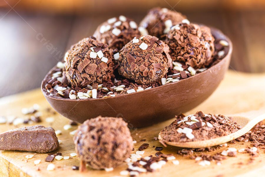 Ovo de Páscoa recheado com brigadeiros e raspas de chocolate em fundo de madeira
