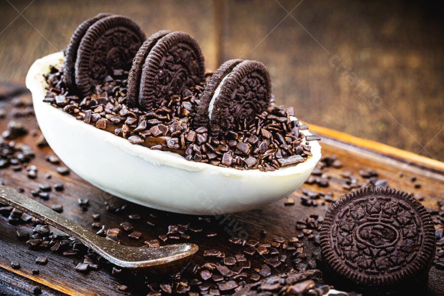 Ovo de Páscoa recheado de chocolate e biscoitos Oreo em mesa de madeira rústica