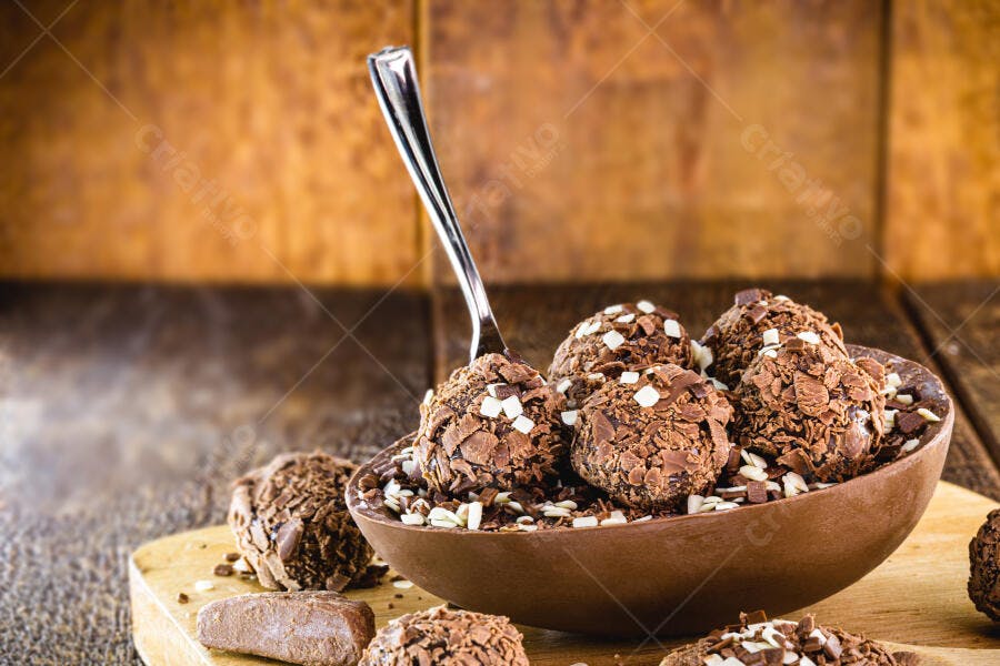 Ovo de Páscoa de chocolate recheado com brigadeiros e confeitos em fundo de madeira
