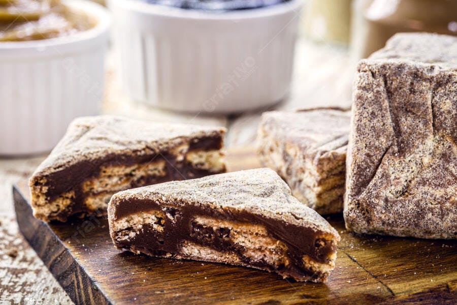 Pedaços de bolo de biscoito e chocolate em camadas sobre tábua rústica