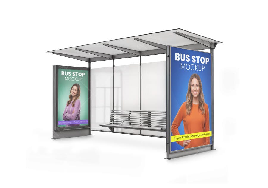 Mockup Realista de Abrigo de Ônibus com Dois Painéis Publicitários e Mulher Sorrindo