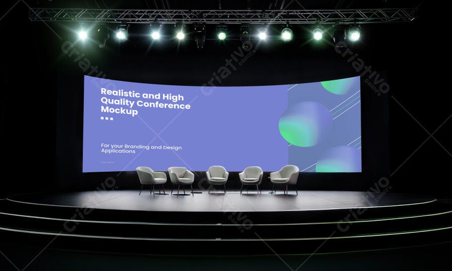 Mockup de Palco de Evento Corporativo Moderno com Telão Curvo Roxo e Cadeiras Cinzas